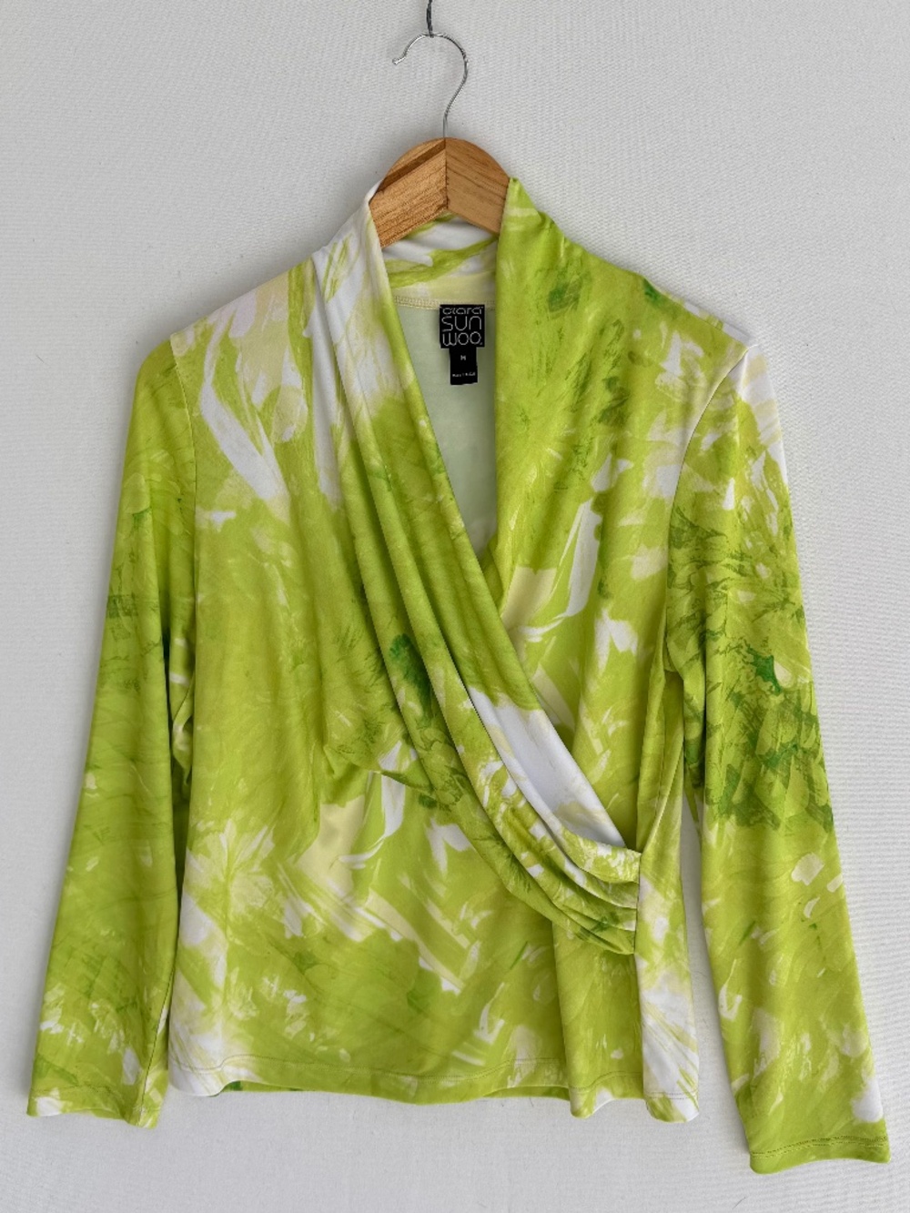 CLARA SUNWOO Women’s Medium Citrus Lime Floral Faux Wrap Side Gather Top